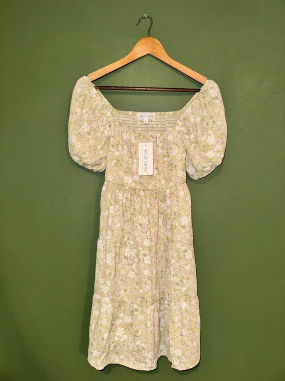 Wild Skye Green Floral Smocked Tiered Midi Dress Boho NWT Size S